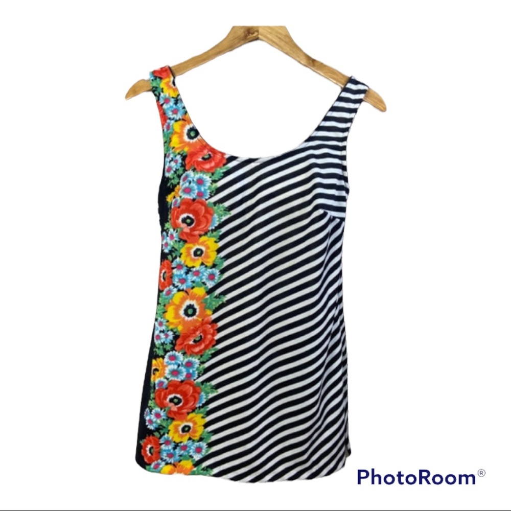 Vintage Swimsuit Swimdress Black White Stripe Floral 50s 60s Retro Small Medium